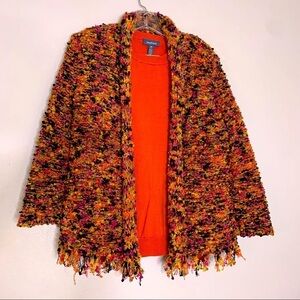 Ruby Rd Multi color popcorn knit open front fringe cardigan sweater large